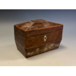 A George III burr yew sarcophagus tea caddy, hinged cover enclosing a pair of lidded compartments,