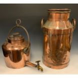 A large copper twin handled milk churn, letter A to cover, 56cm high, 32cm diameter; stove top