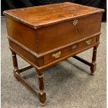 A George III oak bible-box on stand, strap-hinged lift-up top, enclosing interior fitted with