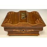 A 19th century French rosewood and marquetry work box, hinged cover with pierced swing handle,