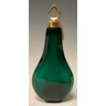 An 18th century gold mounted emerald glass faceted tear shaped scent bottle, the screw-fitting cover