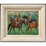 W. Vulliamy, Jockey's before the start, signed, oil on board, Paris Salon and other labels verso,