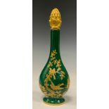 A Lynton Porcelain scent bottle, green ground with gilt birds amongst foliage, by Stephen D.