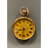 A 9ct gold fob watch, gold dial, Roman numerals, to verso engraved and chased with foliate scrolls