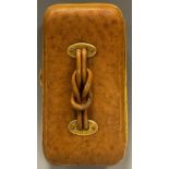 A Victorian cased necessaire, tan leather and gilt case, mother of pearl hafted corkscrew, button