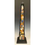 A large pietra dura library obelisk, inlaid in malachite, lapis lazuli and other specimen stones,