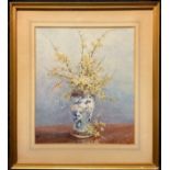 Cuthbert Gresley (1876-1963), Forsythia in a blue and white vase, signed, watercolour, label to