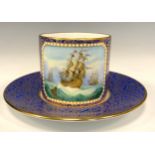 A Lynton Porcelain hand painted coffee can and saucer, British Man of Warships on the high seas,