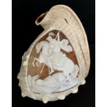 A large Grand Tour cameo carved conch shell, worked in varying relief with a depiction of George and