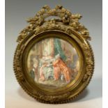 A 19th century circular miniature, of a lady and her suitor, watercolour on card, 6cm diam, gilt