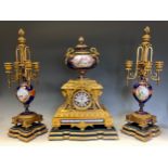 A 19th century French porcelain mounted gilt bronze clock garniture, 8cm dial inscribed with Roman