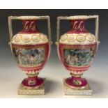 A pair of Berlin ovoid pedestal vases, each painted in polychrome with a genre scene of slavery
