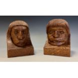 Thomas Whittaker, Gnomeman of Yorkshire - a pair of oak bookends, each carved as the head of a monk,