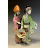 A Japanese porcelain figure group, a pair of ladies, traditionally dressed, 28cm high, Meiji period