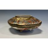 A Japanese satsuma shaped square koro, painted with a profusion of figures, on a textured gilt