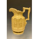 A Charles Meigh Hanley relief moulded jug, decorated with a eight panelled gothic design in homage