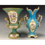 A Coalport Rococo twin handled vase, painted with exotic birds, turquoise ground, probably by John