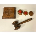 Treen - a turned gavel; ecclesiastical box with cross symbols to cover, a turned wood rotating