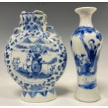 A Chinese moon flask, painted in tones of underglaze blue with warriors on horseback, within