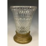 A large 19th century French bronze and glass table centre vase, flared rim above a deep hobnail
