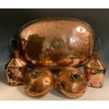 A near pair of 18th century copper canteens, beaker covers, two ring loop handles, 24cm high, 24cm