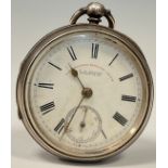 A Victorian silver express English level open face pocket watch, white enamel dial, bold Roman