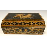 A George III penwork sarcophagus work box, the hinged cover decorated after the Antique with a