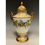 A 20th century Coalport twin handled urn and cover, the tapering body painted with a band of