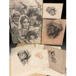 Joyce Wyatt, Crowds in Jerusalem, signed, dated ‘75, fine pencil drawing on art board, 76.5cm x