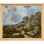 George Cunningham (bn. 1924), Grind-stones, Stanage Edge, signed, dated 1975, oil on board, 63cm x