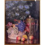 Victorian school, miniature still life study - Fruit, Flowers, and a Silver Ewer, watercolour /