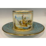 A Lynton Porcelain hand painted coffee can and saucer, Dutch coastal scene, painted by Stephen D.