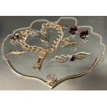 Jewellery - a silver mounted Blue John oval pendant, charm bracelet, bar brooch, choker necklace