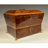 An unusual George III burr walnut and marquetry workbox, of rectangular sloped form, banded inlaid