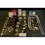 A quantity of costume jewellery including a silver Siam brooch, a Limoges brooch; other brooches;
