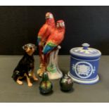 A continental porcelain figure group of parrots, faux Chelsea mark, 24cm high, armorial jasperware
