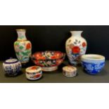 Oriental ceramics, Cloisonné vase with base : height 27cm, Mason double landscape bowl ; etc