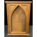An oak Church, or Chapel information cabinet, moulded cornice, pointed-arch glazed door, 91.5cm high