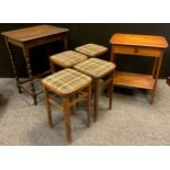 A set of four mid century stools by ‘Drevounia’, each 53cm high; an arts and crafts style oak side