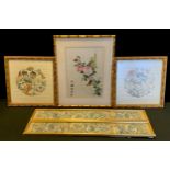 A pair of 19th century Chinese embroidered sleeve panels, butterflies and flowers, 58cm x 8cm;