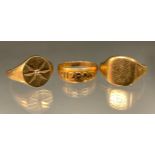A 9ct gold diamond accented signet ring, size L; other 9ct gold rings, size L and O, 9.7g gross (3)