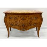 A Louis XV Revival kingwood and marquetry bombe shaped commode, marble top above two long drawers,