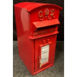 A red painted cast iron pillar top post box, slightly arched top, cast G VI R crest, 56cm x 26cm x