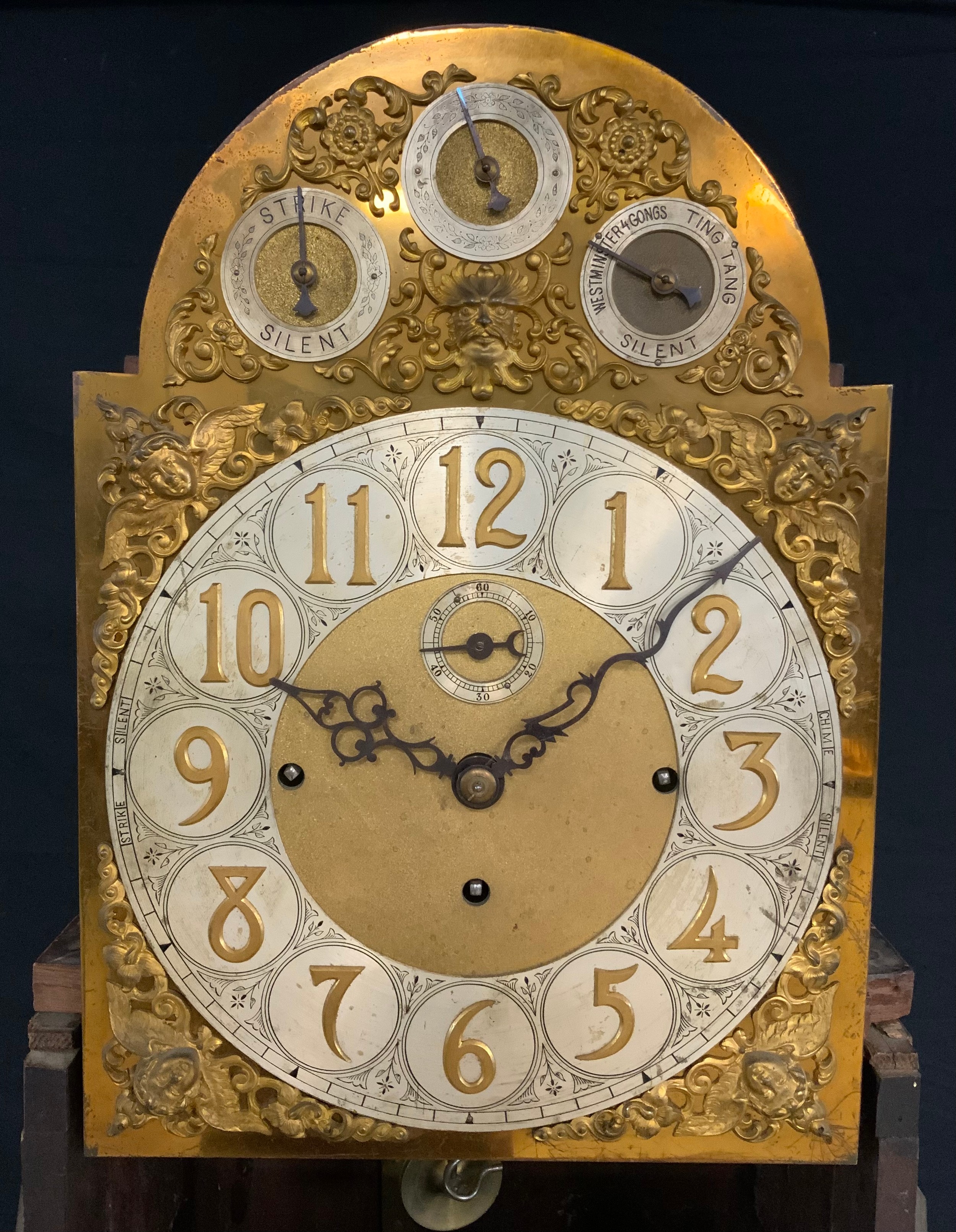 An Edwardian mahogany and marquetry musical longcase clock, 31cm arched brass dial with Arabic - Image 2 of 3