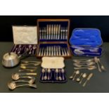 Silver and plate - four silver apostle spoons, cased serving set, mother of pearl hafted knives