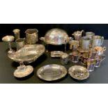 Silver Plate - an oval chafing dish, rectangular entree dish and cover, cruet set, pierced basket