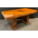 Mid century design - a modern design walnut dining table, rounded rectangular top with stepped edge,