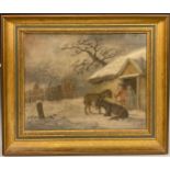 In the manner of Benjamin Zobel, Donkeys and figures in winter, sand picture, 19th century, 31.5cm x