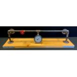 An Industrial upcycling tubular iron and pine shelf, pine top, pressure gauge rail, 98cm long,