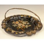 A Victorian papier mache and Mother of Pearl inlaid shaped oval dish, gilt swing handle, approx 29cm